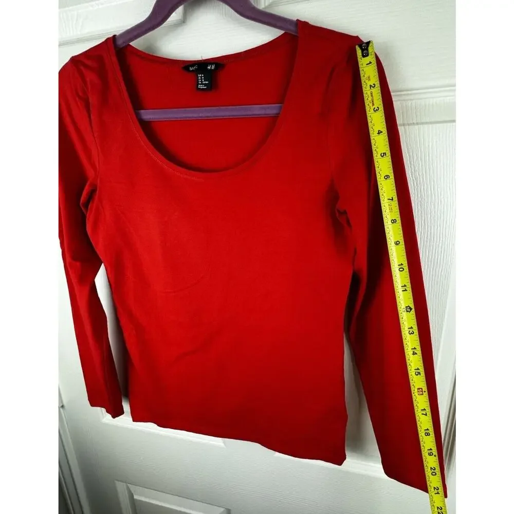 H&M Scooped Neck Top Long Sleeves Red M Casual Minimalist 50-08 - Picture 6 of 15